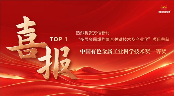  方恒新材“多层金属爆炸复合关键技术及产业化”项目荣获中国有色金属工业科学技术奖一等奖
